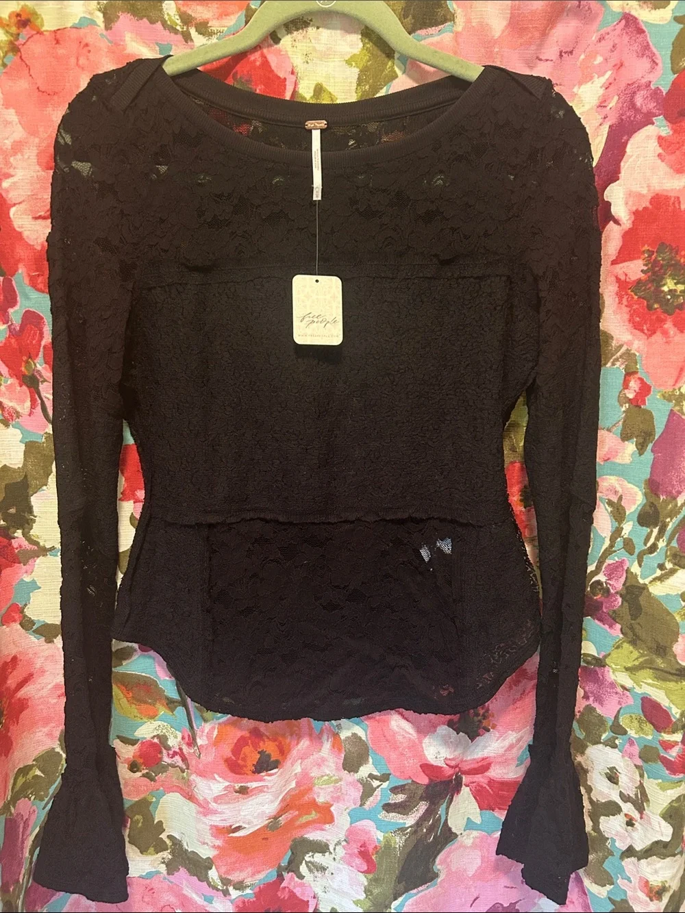 Free People Black Lace Long-Sleeve Peplum Top Medium Boho NWT